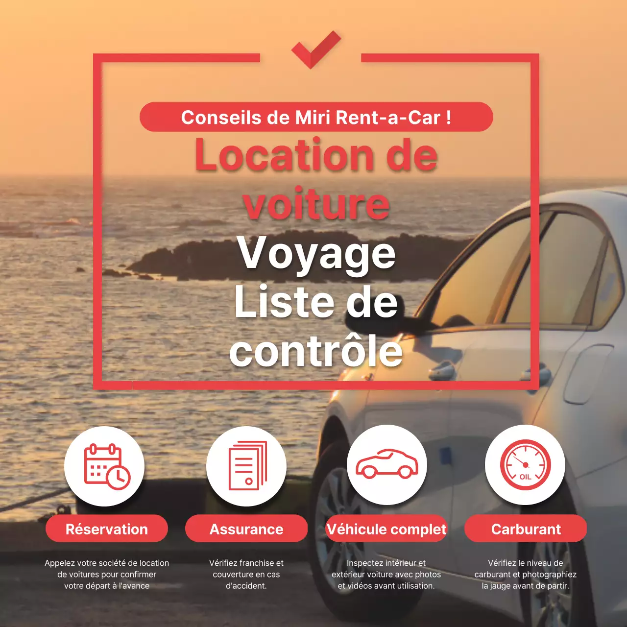 Liste de contrôle pour la location d'une voiture lors d'un voyage en points rouges Médias sociaux
