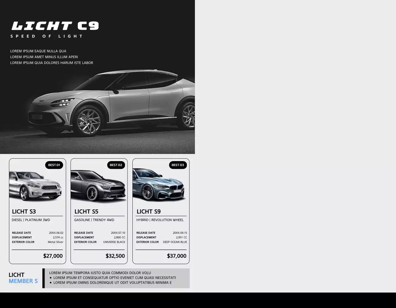 Untuk promosi mobil dealer mobil dengan foto mobil dalam desain yang sederhana dan ramping berwarna hitam.