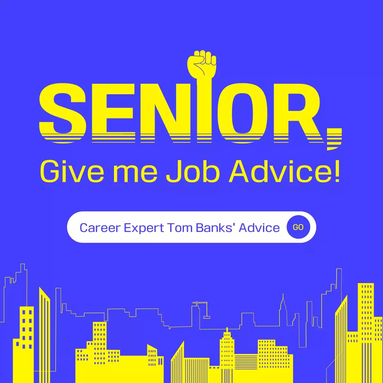 Interview mentoring theme with a simple high-contrast illustration concept with yellow and blue typography.