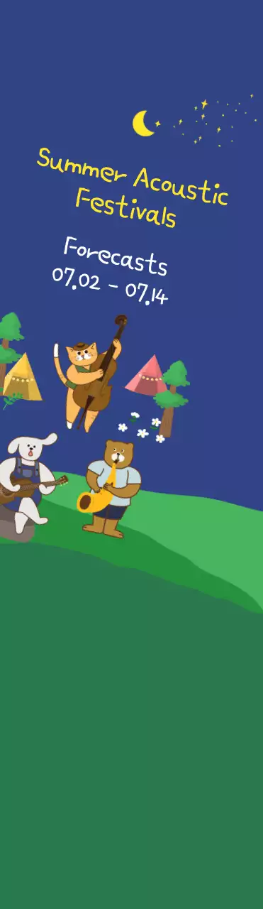 Gaya ilustrasi lucu dengan warna biru tua dan kuning untuk informasi dan promosi festival akustik musim panas