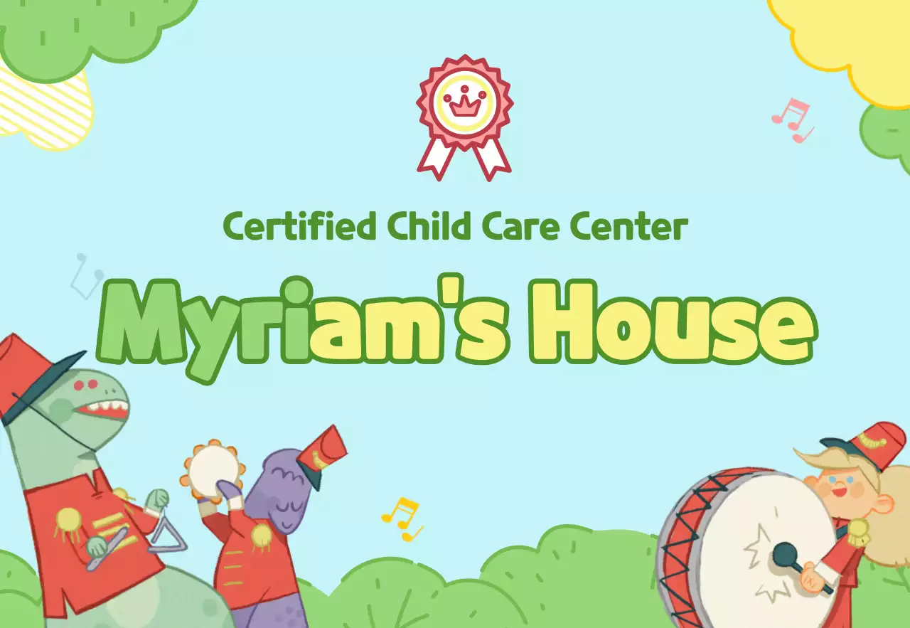 A daycare center with cute illustrations in light blue and chartreuse.