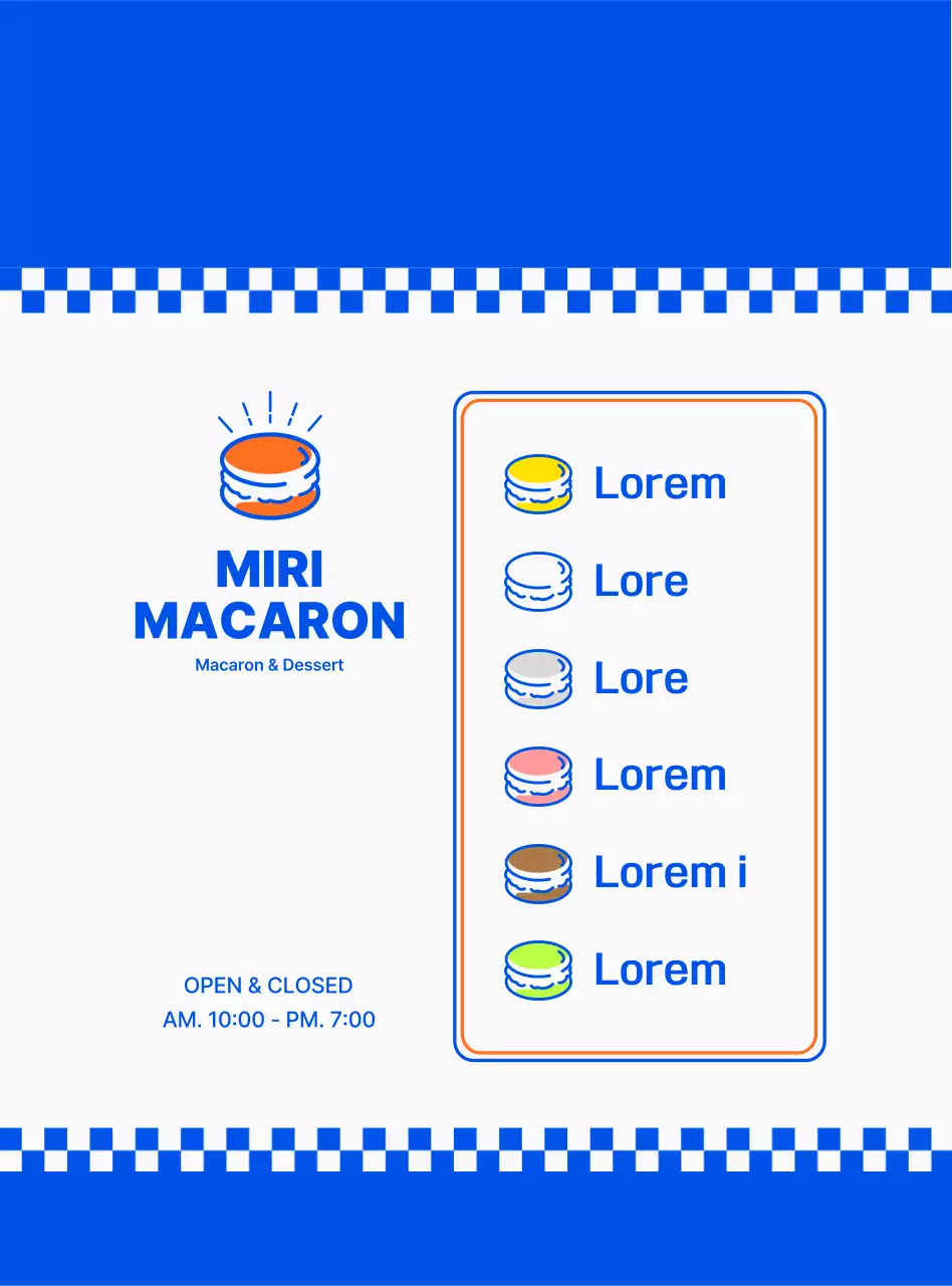 Promote and inform a clean concept macaron dessert menu in navy blue and white.