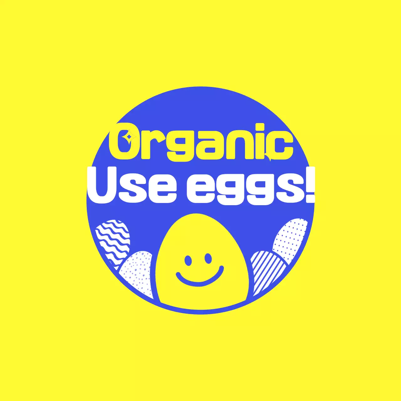 Ovos orgânicos certificados com ilustrações de personagens de ovos amarelos e azuis