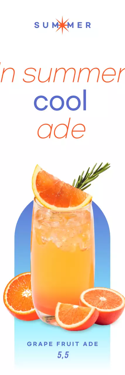 A breezy, summer-inspired banner outside a cafe with text and photo illustrations of summer drinks.