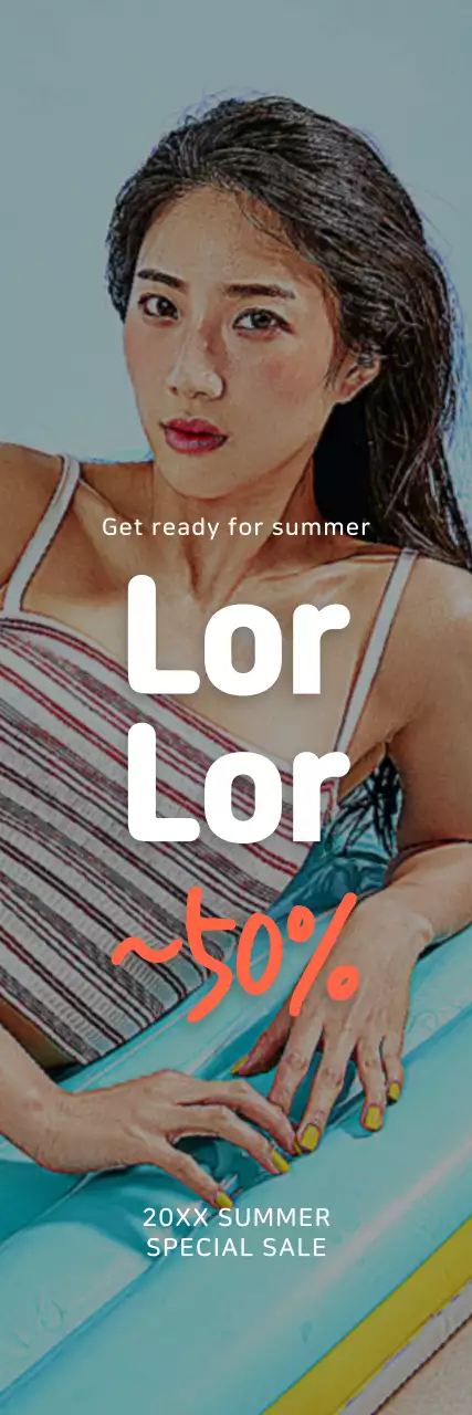 Uma venda de roupa de verão limpa com um retrato sobre um fundo azul claro