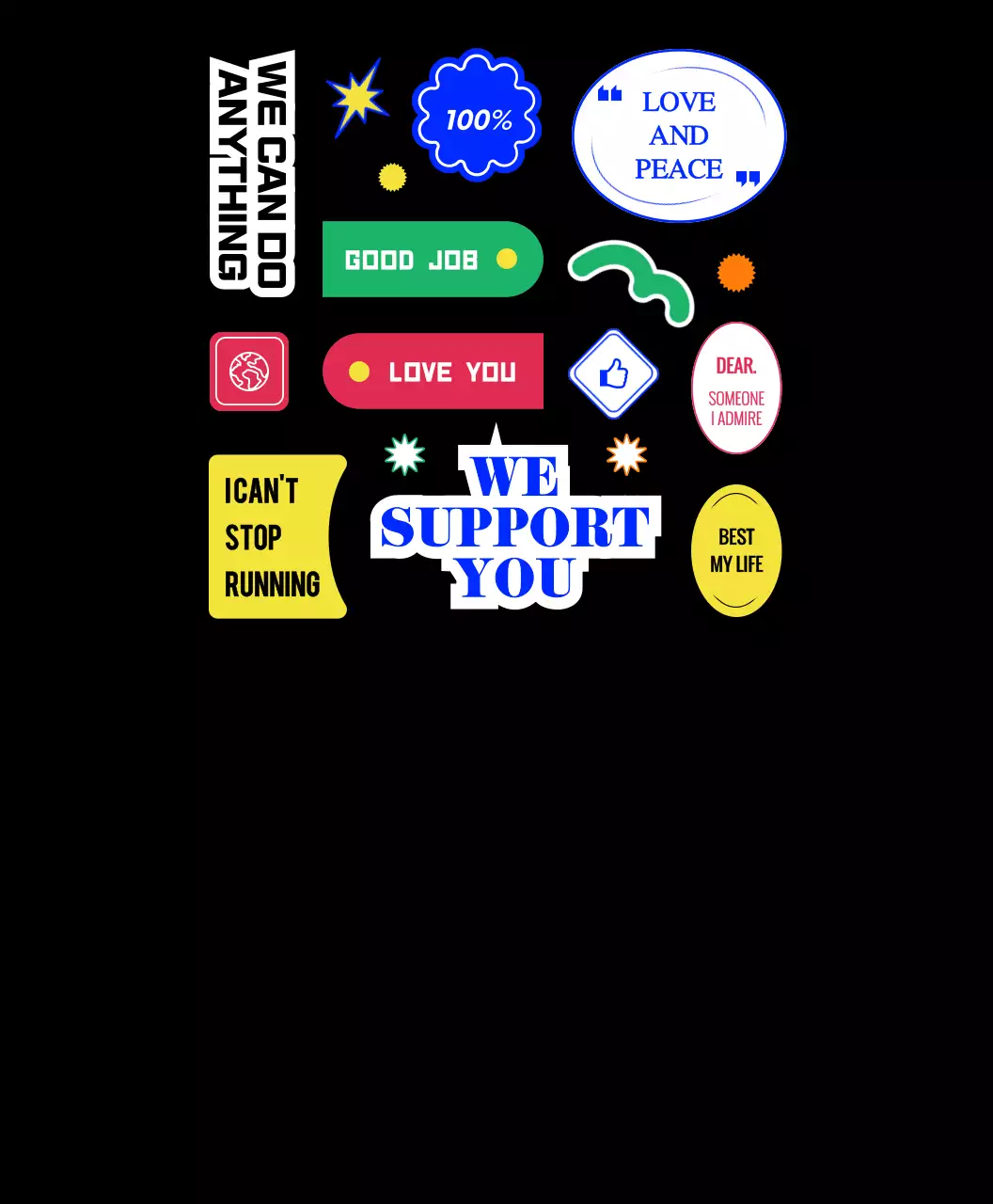 Hip concept merchandise group t-shirts with colorful text and icons