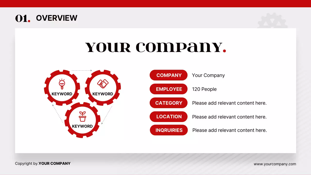 레드 화이트 톱니바퀴 테마의 심플하고 세련된 다이어그램 위주의 제안서