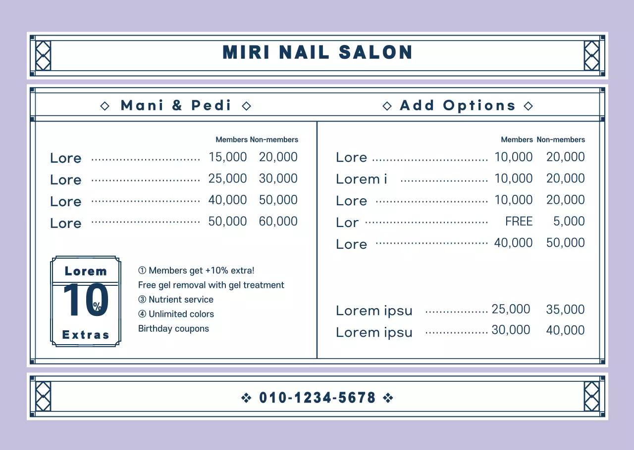 Nail art menu board in a vintage decorative frame