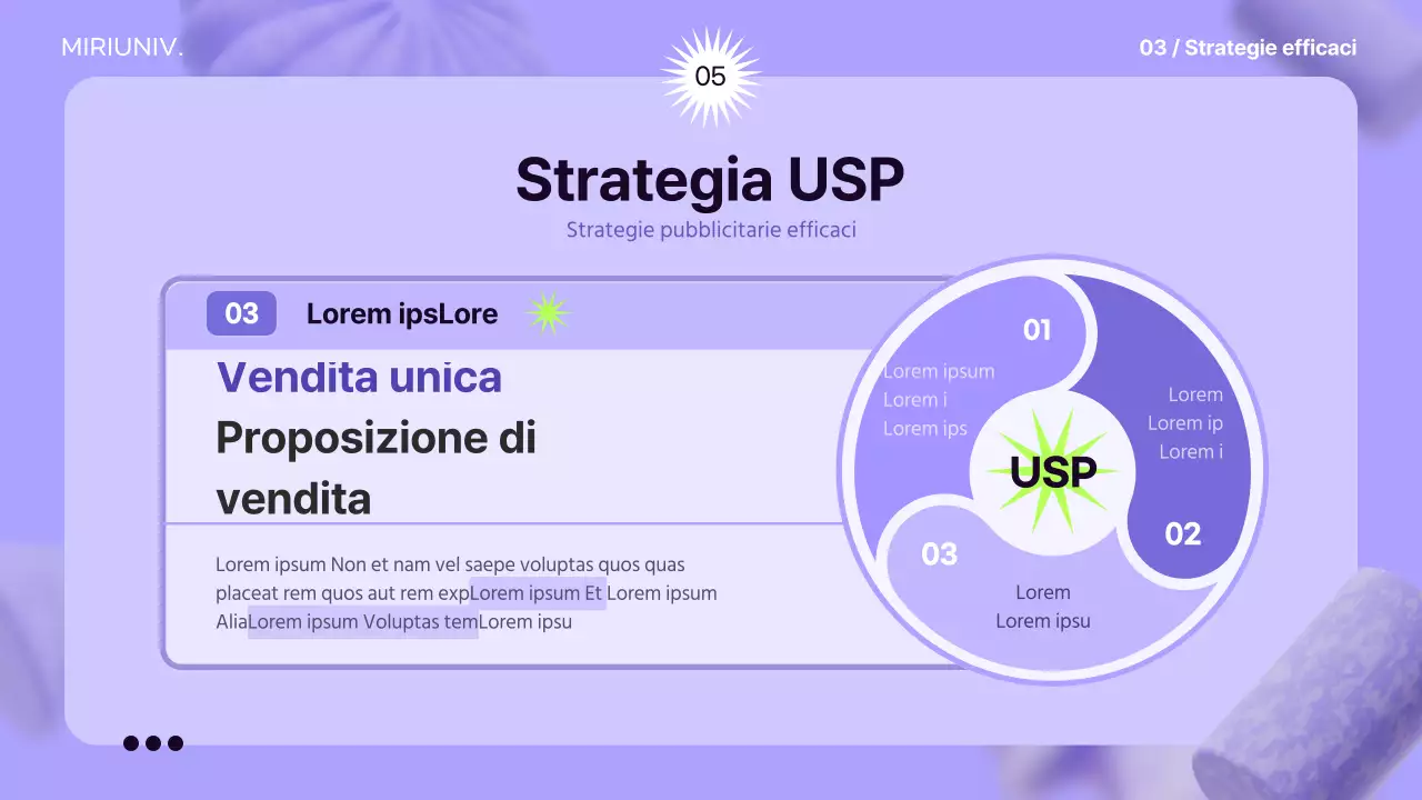 Utilizzare elementi 3D su uno sfondo color malva per creare un senso di spazio e informare la strategia pubblicitaria.