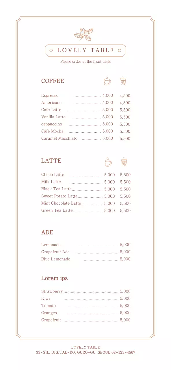 Light brown and white simple style cafe table menu guide