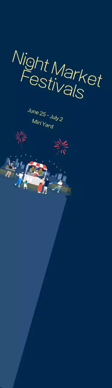 Promosi festival pasar malam yang besar dengan kembang api dengan latar belakang biru laut