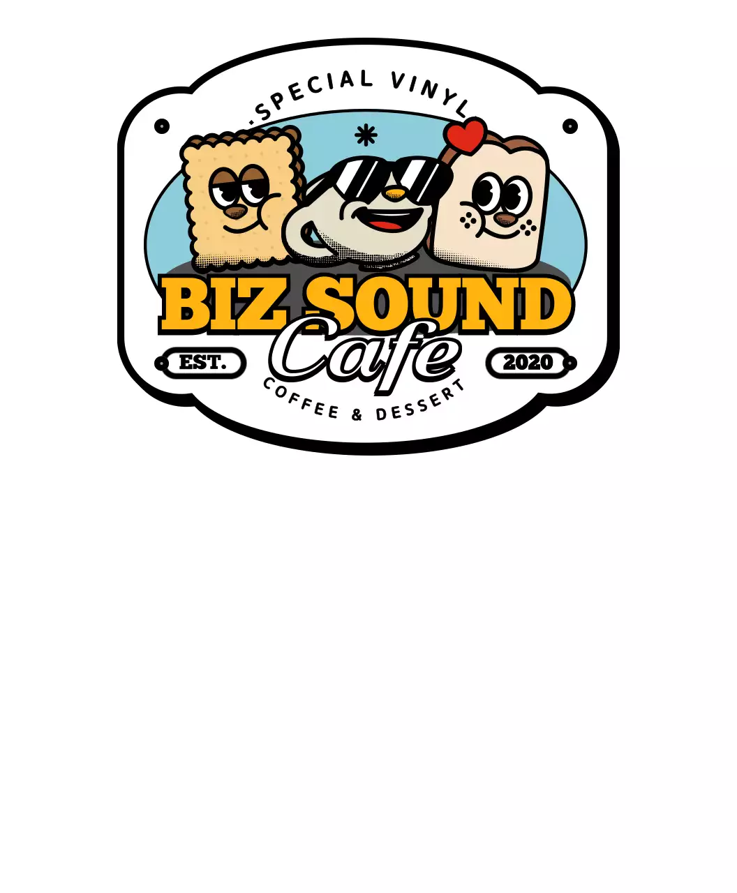 Seri merchandise kafe bergaya logo karakter yang lucu dan trendi dengan warna kuning dan hitam