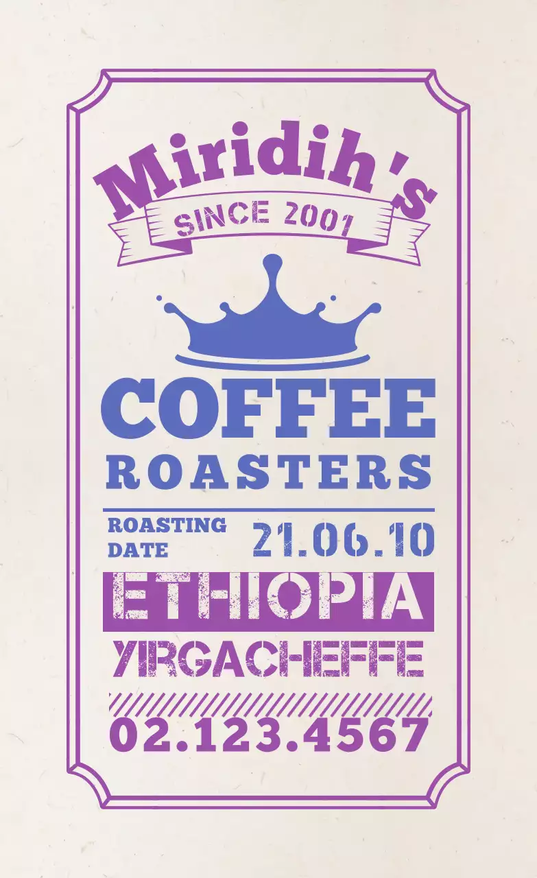 Coffee bean labels with a purple typography design