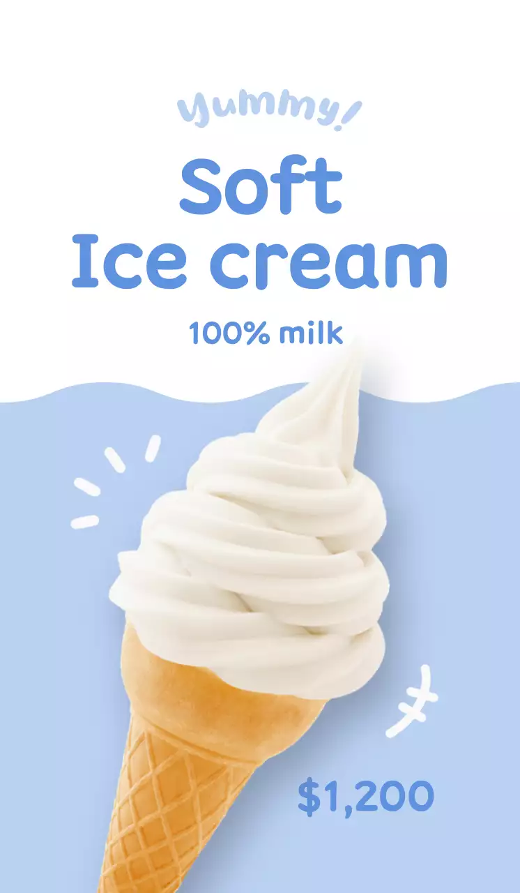 Mempromosikan menu yang terlihat bersih dan imut dengan es krim putih dengan latar belakang biru muda