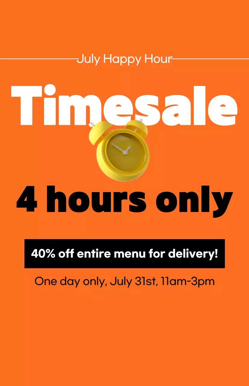 A high-impact time-sale promotion with an alarm clock image on an orange background