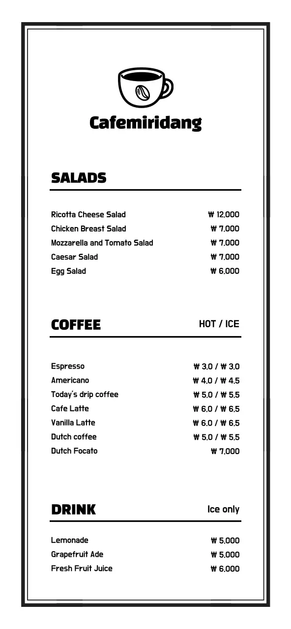 Simple, clean style cafe menu signage in black and white