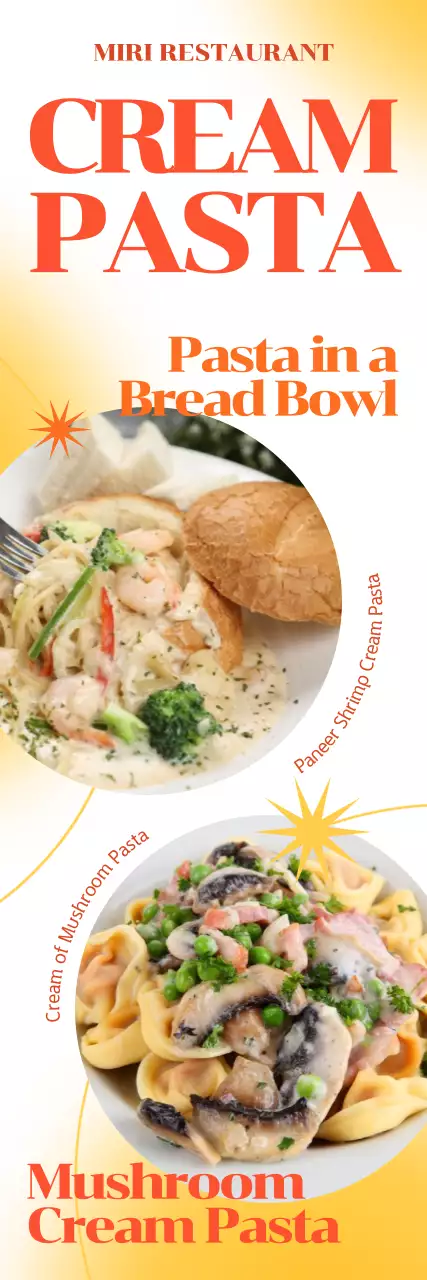 Trendy western pasta menu with a fresh yellow color gradient and rhythmic lines and shapes.