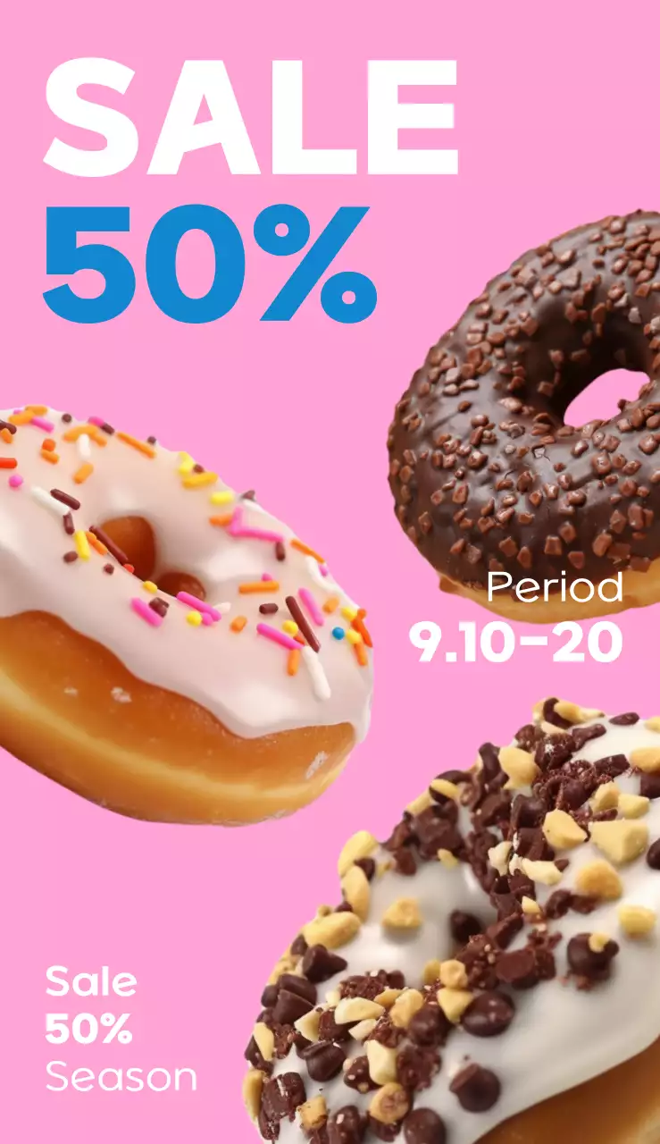 A simple, colorful billboard with text and photos about a donut sale event.