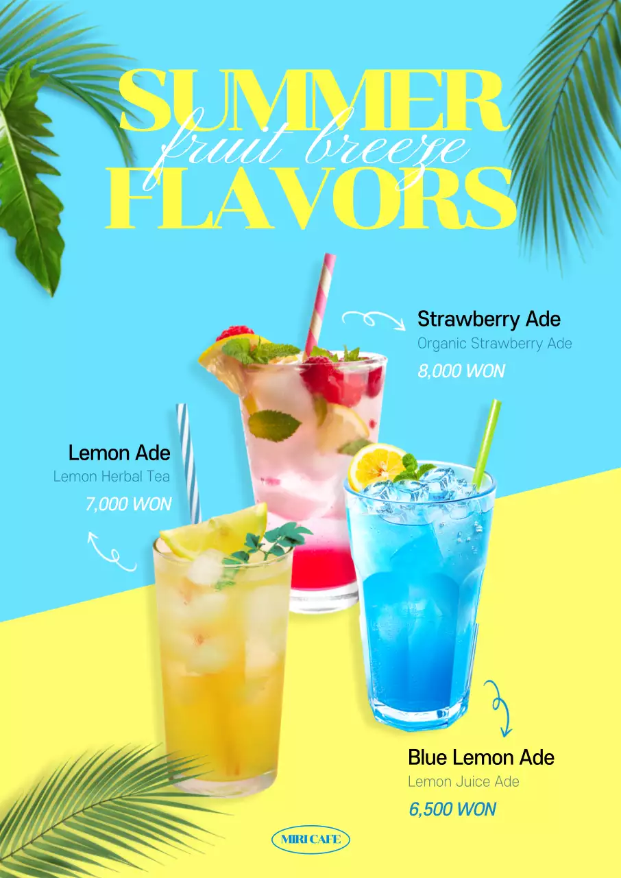 A Café Aid menu with a cool light blue-yellow background and palm trees for a summer vibe.