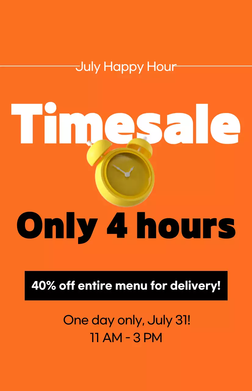 A high-impact time-sale promotion with an alarm clock image on an orange background