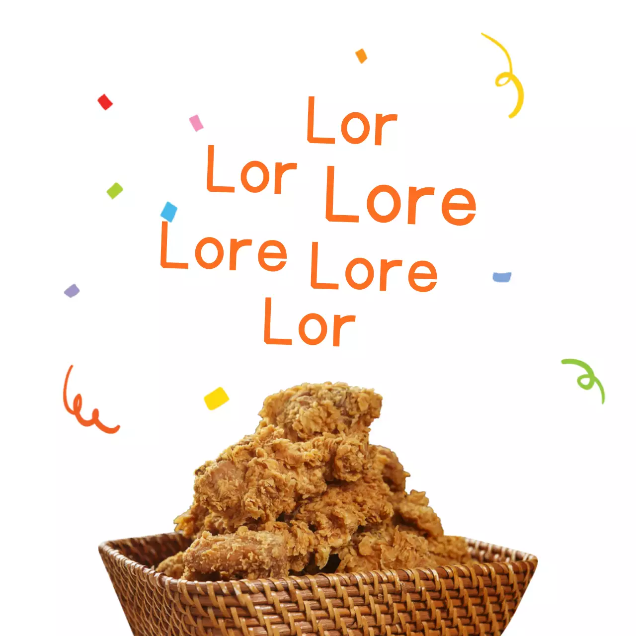 An orange, calligraphic message with a fanfare burst on a chicken