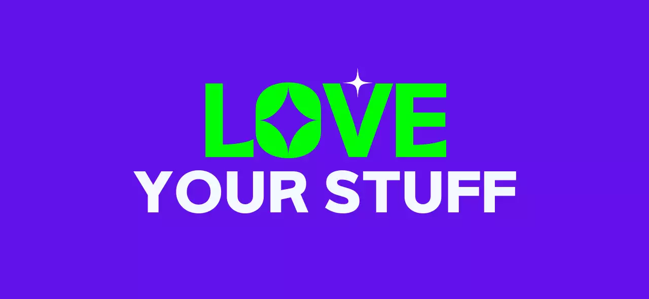 Merchandise with glittery illustrations and text in purple and mint.