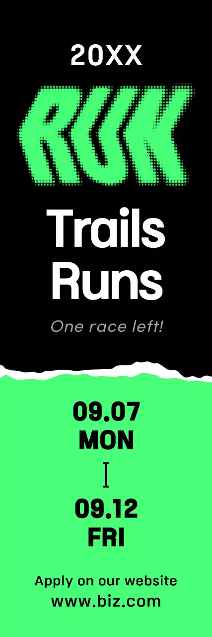 Uma ousada faixa promocional da maratona com texto e ilustrações em verde vivo, preto e branco sobre a corrida.