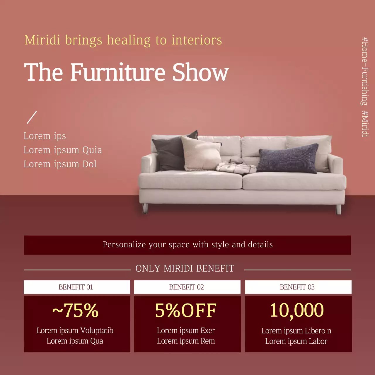 Foto berwarna merah muda menyoroti promosi acara interior perabotan yang rapi