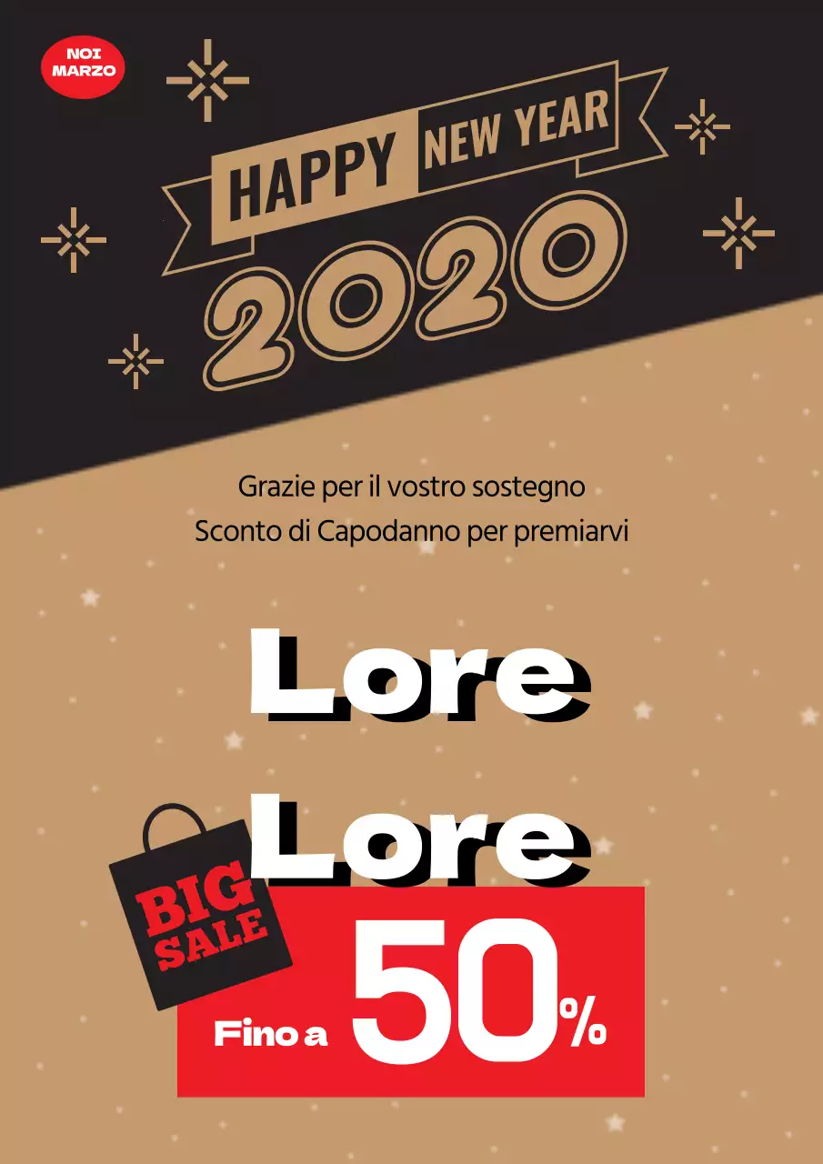 Semplice volantino dei saldi di Capodanno di un negozio di alimentari in oro e nero