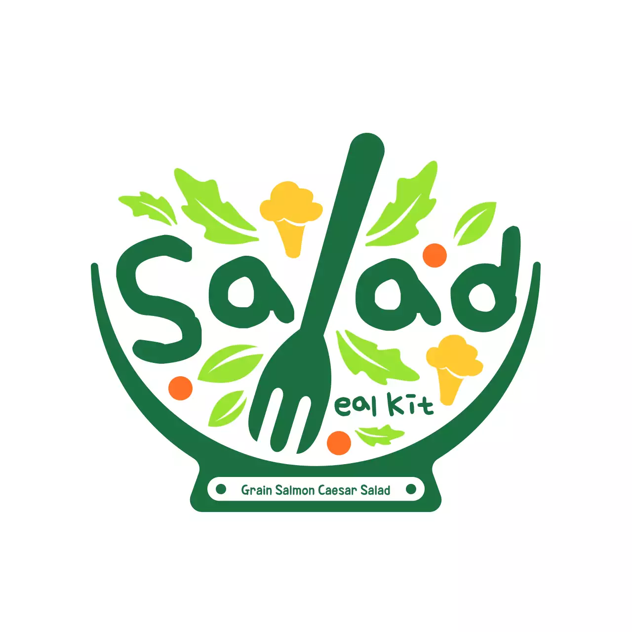 Gaya ilustrasi salad hijau dan putih sederhana dengan informasi nama makanan