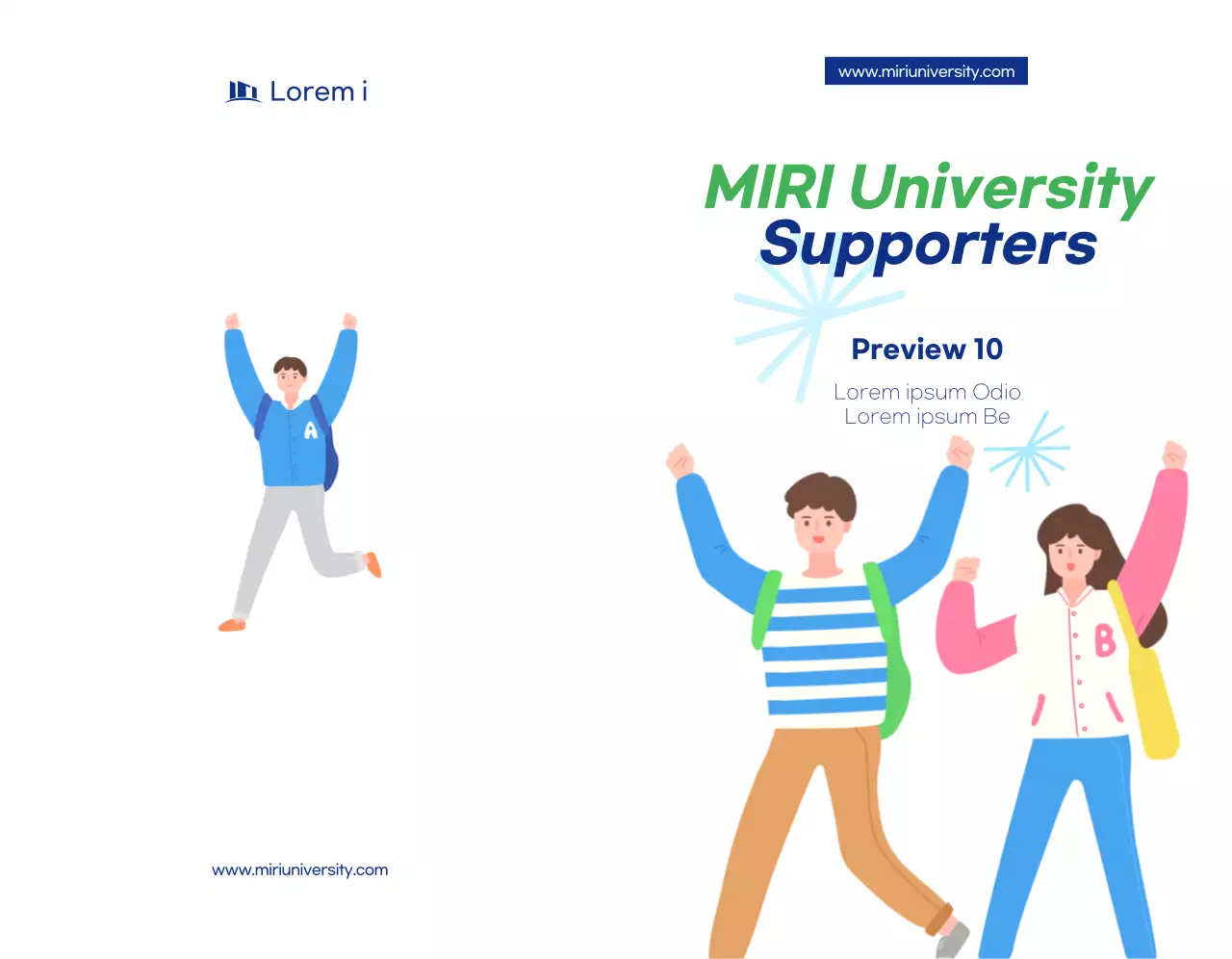 Sebuah karya promosi pendukung universitas yang sederhana dengan teks dan ilustrasi berwarna biru tua.