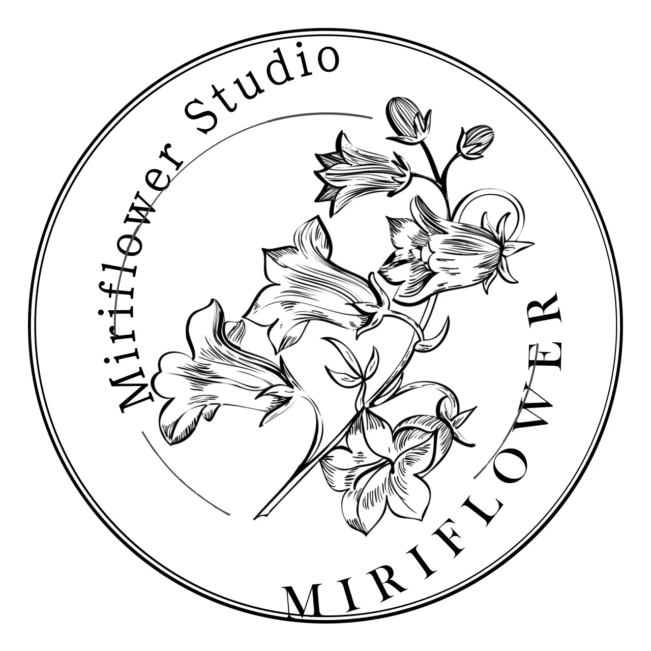Vintage-style badge for a florist with a black line flower illustration