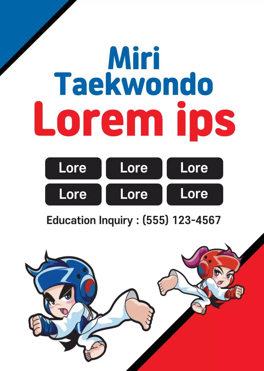 Putih Merah Biru Ilustrasi Promosi Sekolah Taekwondo