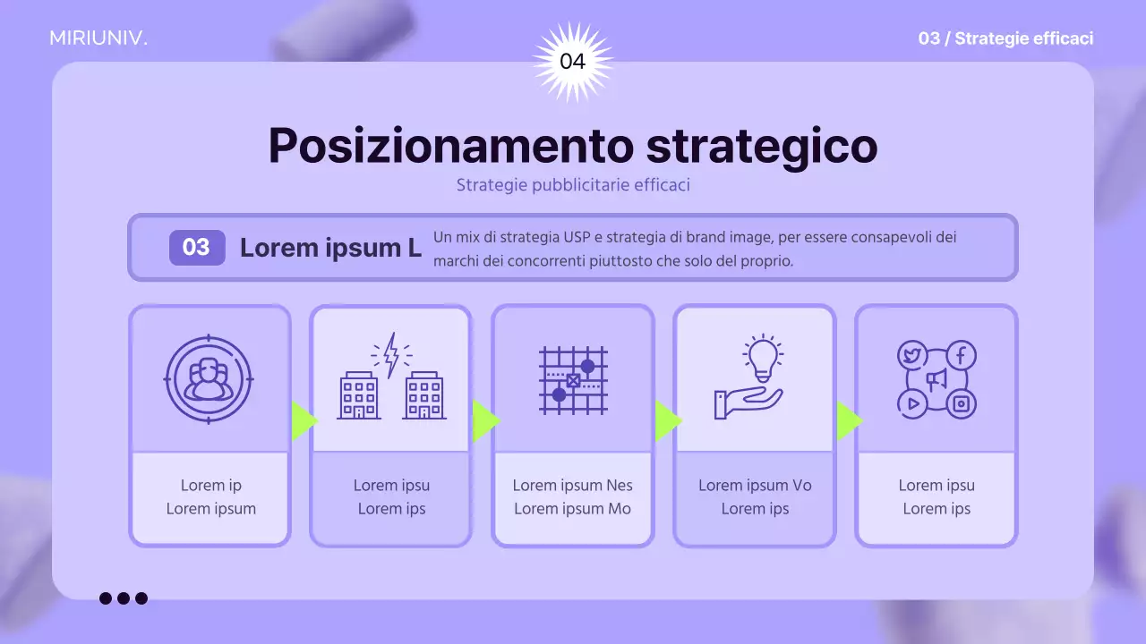 Utilizzare elementi 3D su uno sfondo color malva per creare un senso di spazio e informare la strategia pubblicitaria.