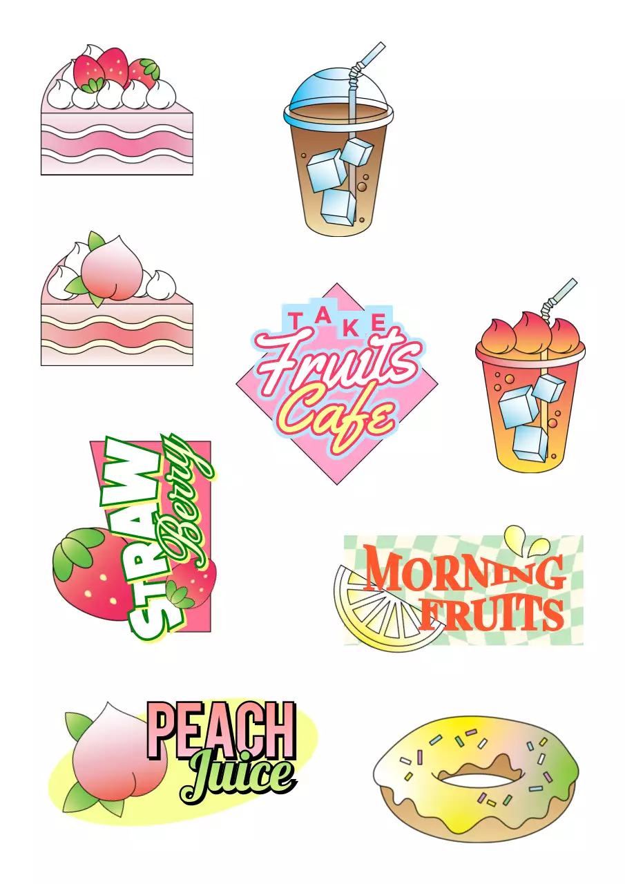 Stiker promosi kafe retro yang kitsch dengan teks warna-warni dan ilustrasi kue minuman