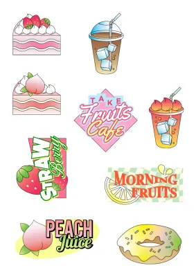 Stiker promosi kafe retro yang kitsch dengan teks warna-warni dan ilustrasi kue minuman