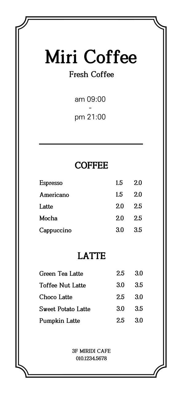 Simple, clean style cafe menu pricing in white and black