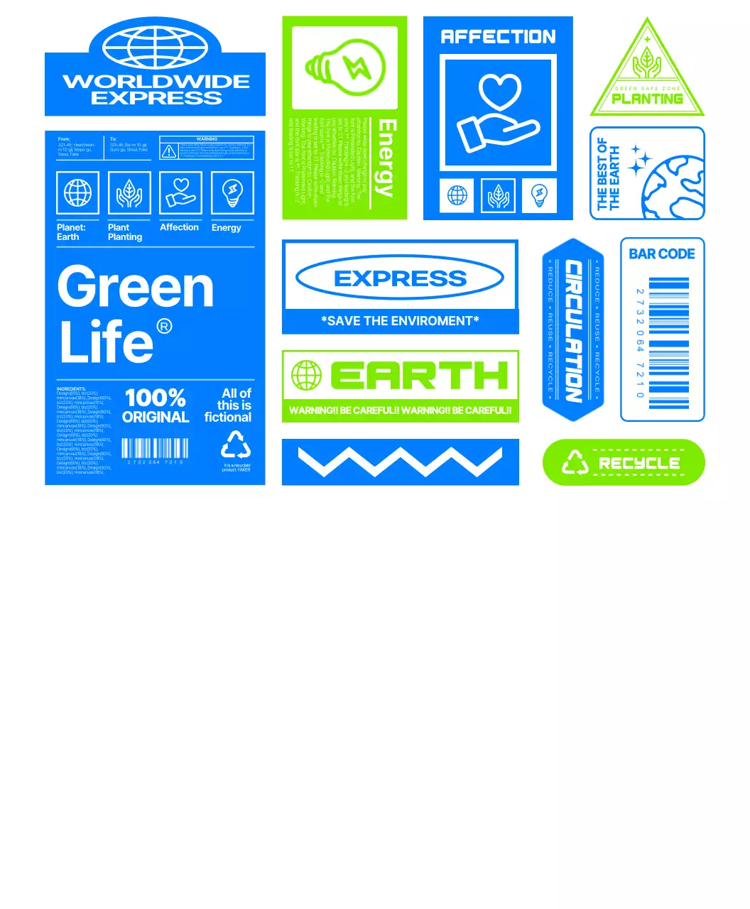 Kaos organisasi lingkungan berkonsep stiker parsel sederhana dengan warna biru dan hijau limau.