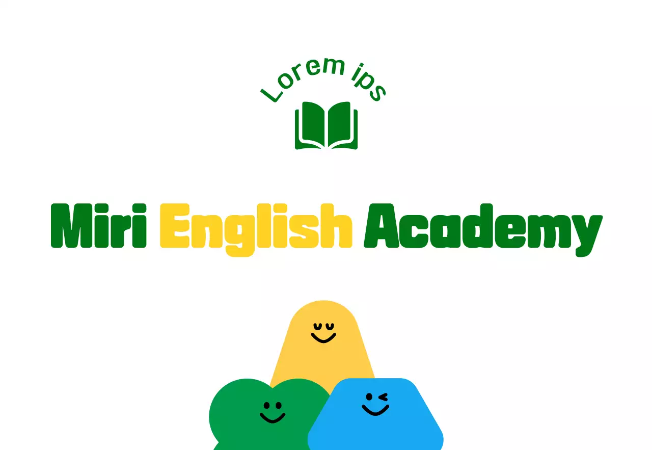 For promoting an elementary school English language school with cute green and yellow shaped character illustrations.