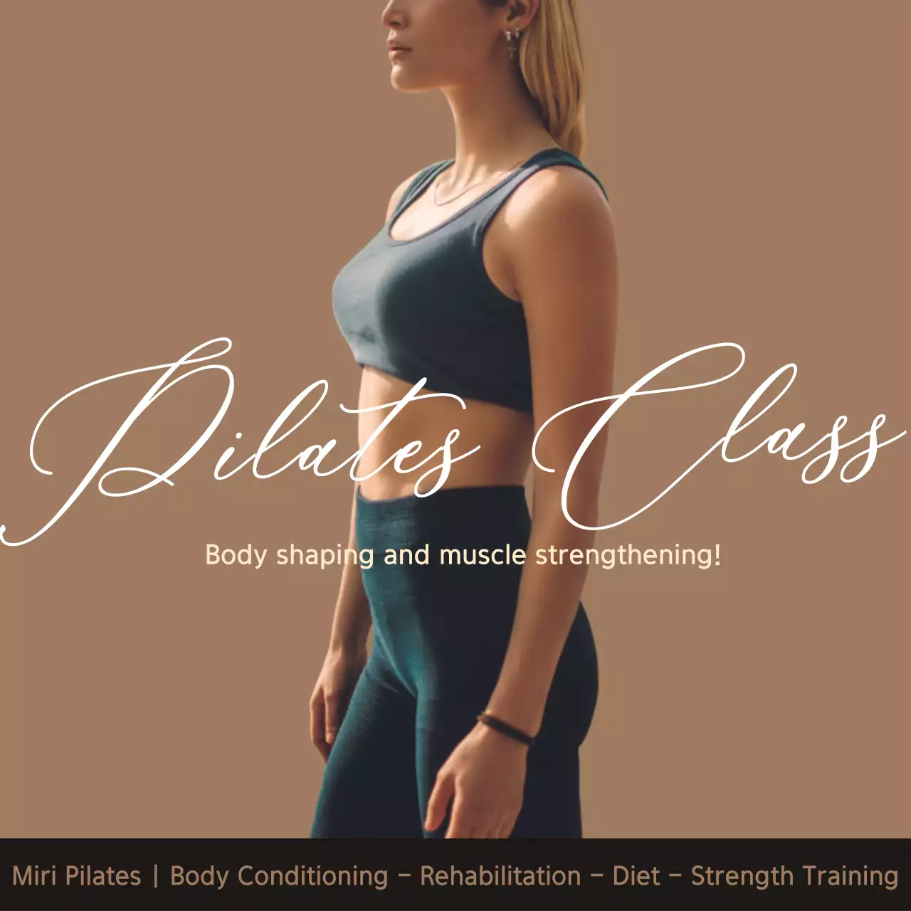 Woman in tracksuit on beige background