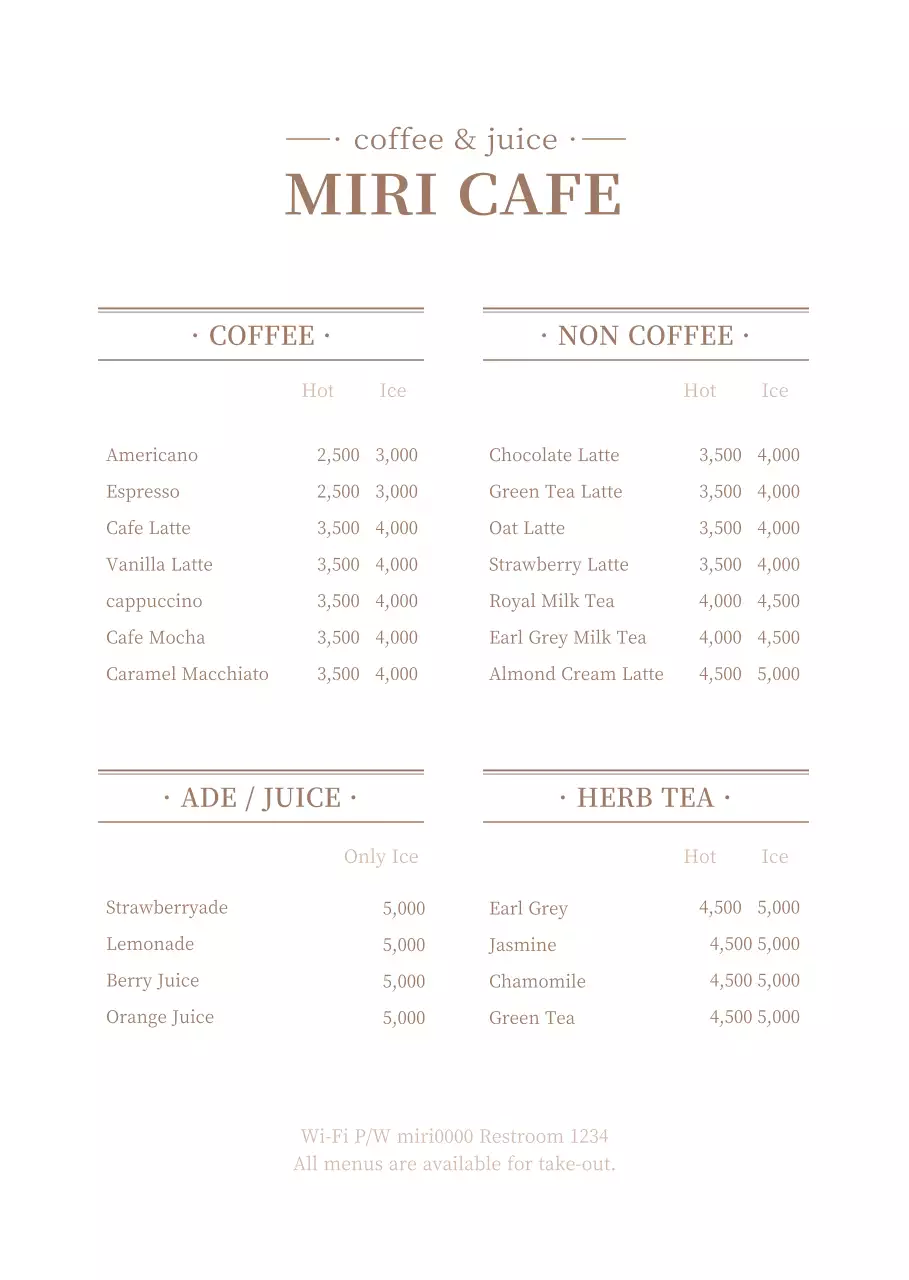 Menu kafe berkonsep putih dan cokelat bersih dengan label harga
