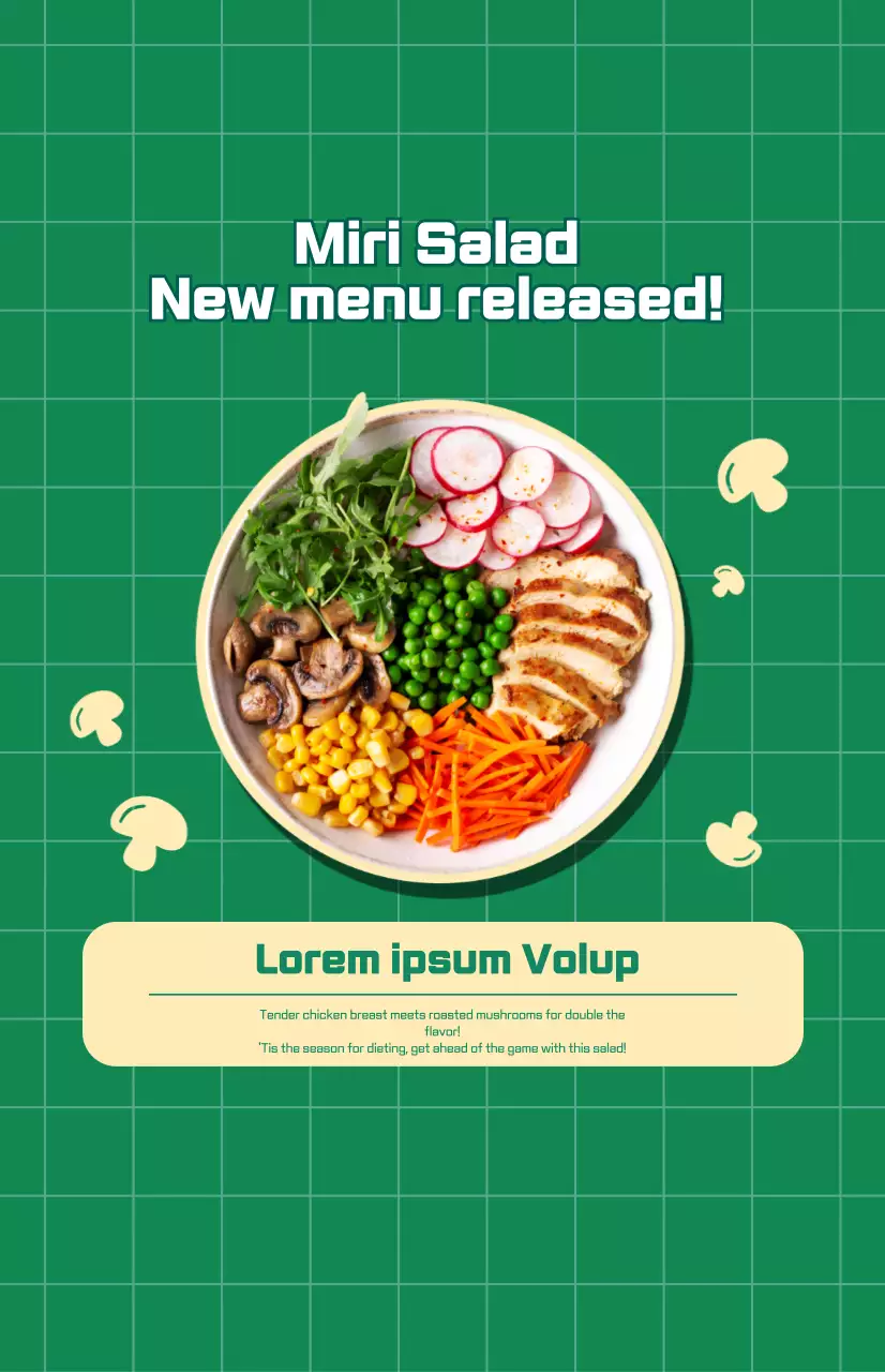 Promover um novo menu de saladas com um fundo verde axadrezado