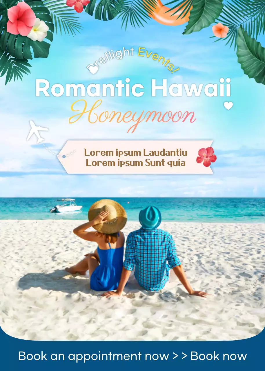 Cartaz promocional de lua de mel tropical azul