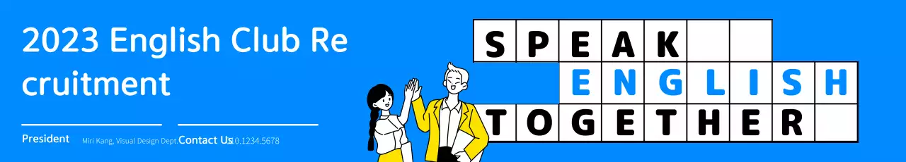 English conversation club recruitment design with line illustrations and blue colors