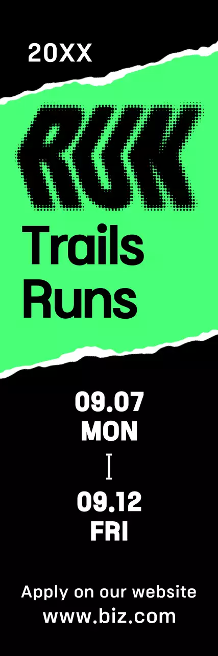 Uma ousada faixa promocional da maratona com texto e ilustrações em verde vivo, preto e branco sobre a corrida.