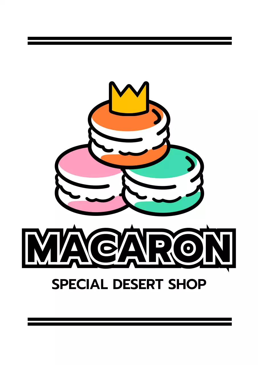 Promote a dessert shop with an illustration of macaroons in black and accent colors.