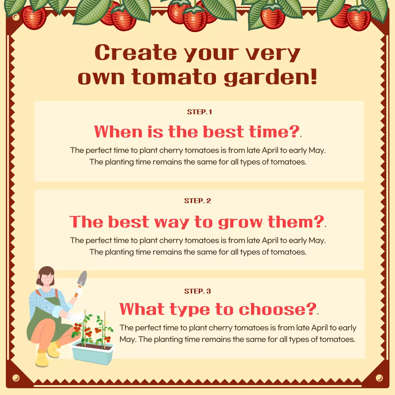 Create your own cherry tomato garden with a vintage illustrated concept Seedling planting project