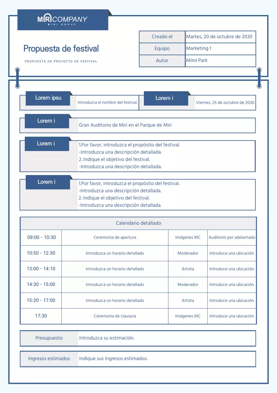 Un planificador de festivales con marco azul