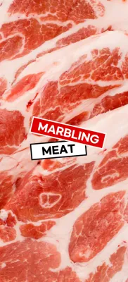Marbling raw meat with red and white labels