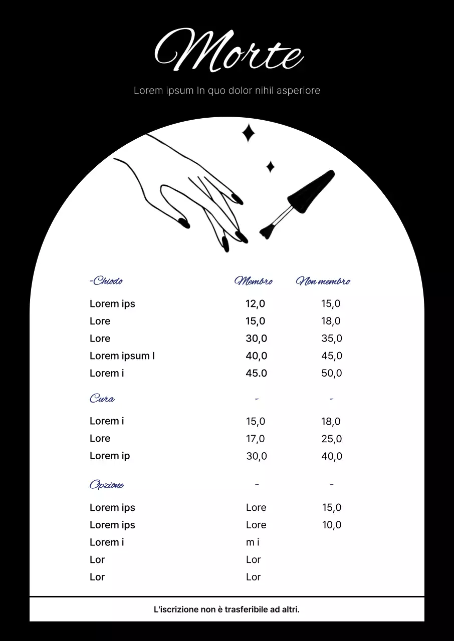Cartella menu nail art moderna in bianco e nero
